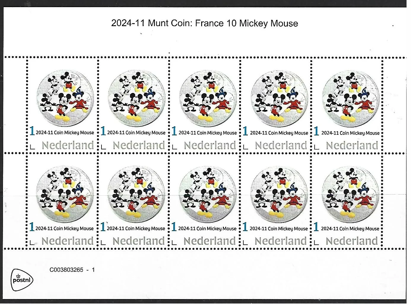 Pays-Bas 2024-11 Pièce sur timbre Disney Mickey et ses amis bloc postfris/mnh