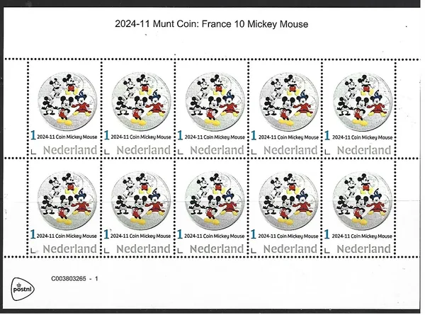 Netherlands 2024-11 Coin on stamp Disney Mickey and friends sheetlet MNH