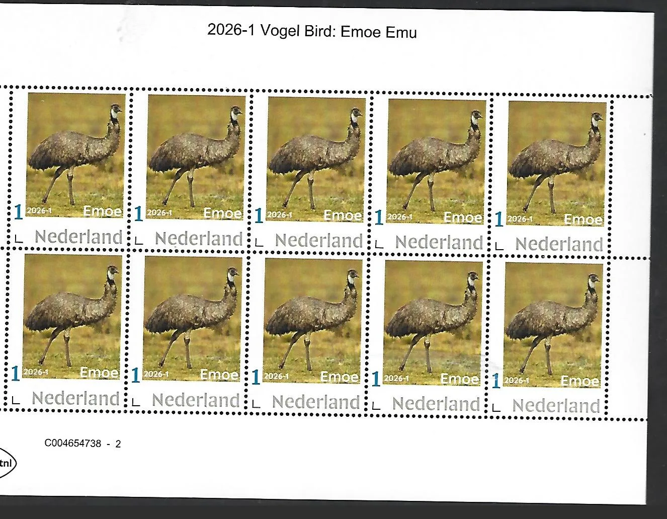 Nederland 2026-1 Vogel Bird: Emoe Emu sheetlet postfris/mnh