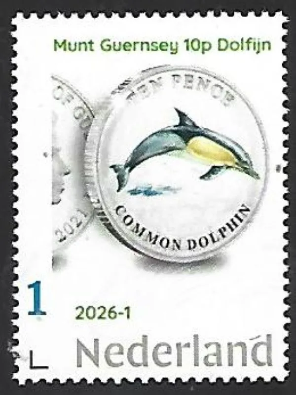 Netherlands 2026-1 Coin on Stamp Animals Dolphin 30p Guernsey MNH