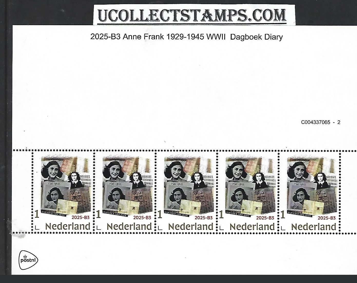 Nederland 2025-B3 Anne Frank: WWII 1929-1945 Diary GOLD 1 sheet postfris/mnh