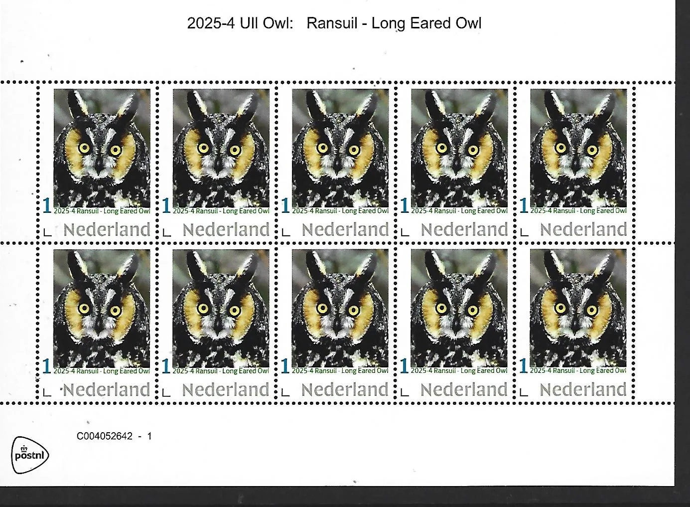 Nederland 2025-4 Uil Owl: Long Eared Owl sheetlet posfris/mnh