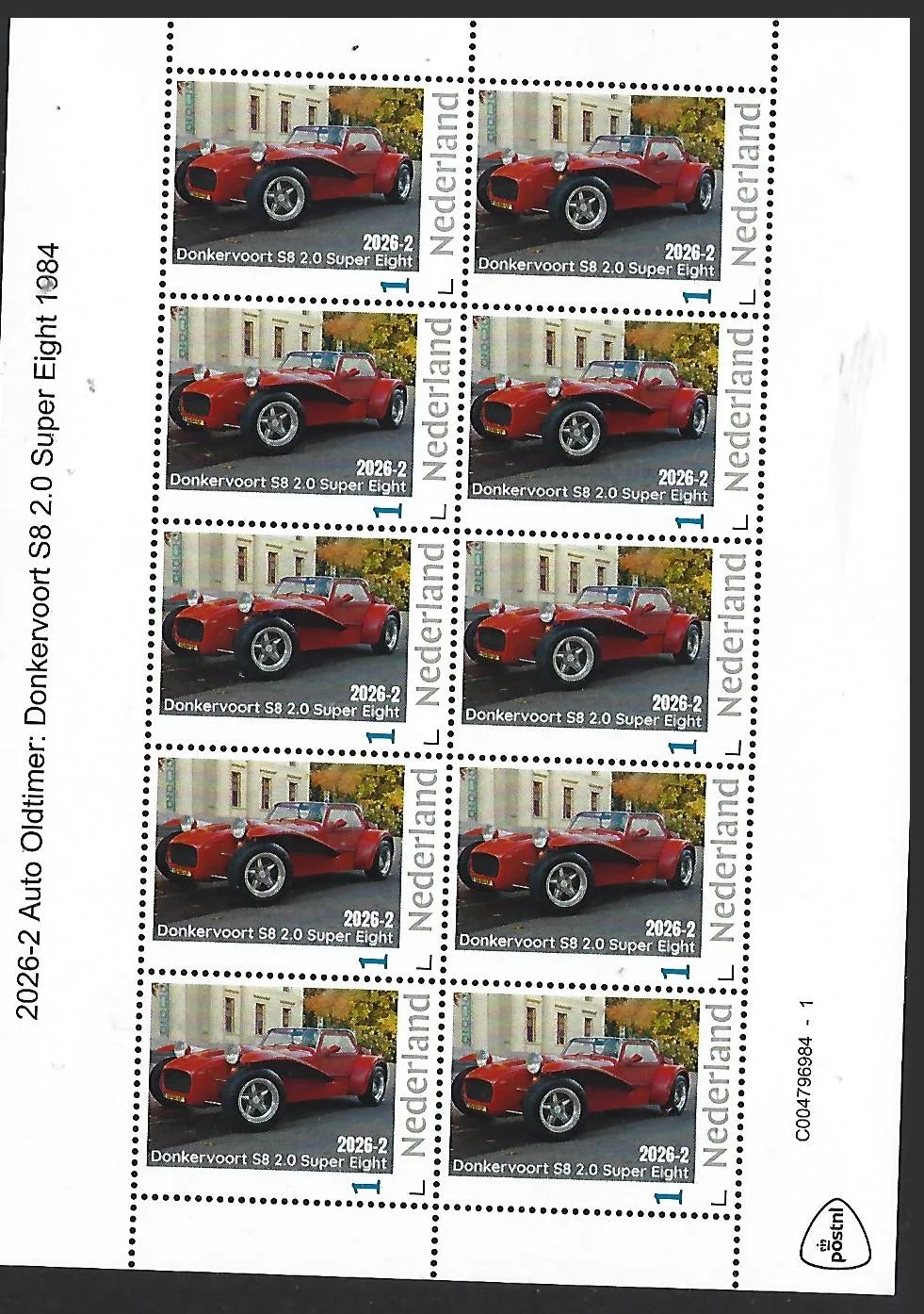 Nederland 2026-2 Auto Car Oldtimer: Donkervoort S8 2.0 Super Eight sheet postfris/mnh