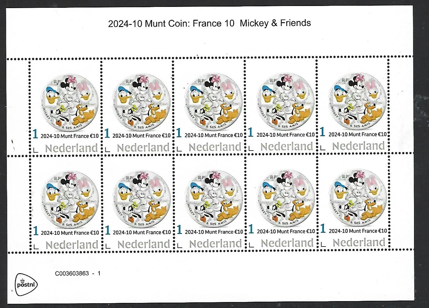 Pays-Bas 2024-10 Pièce sur timbre Disney Mickey & Friends feuillet neuf/mnh