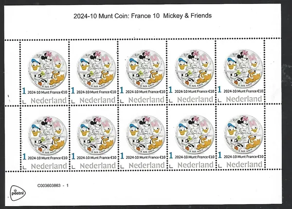 Netherlands 2024-10 Coin on stamp Disney Mickey & Friends sheetlet MNH