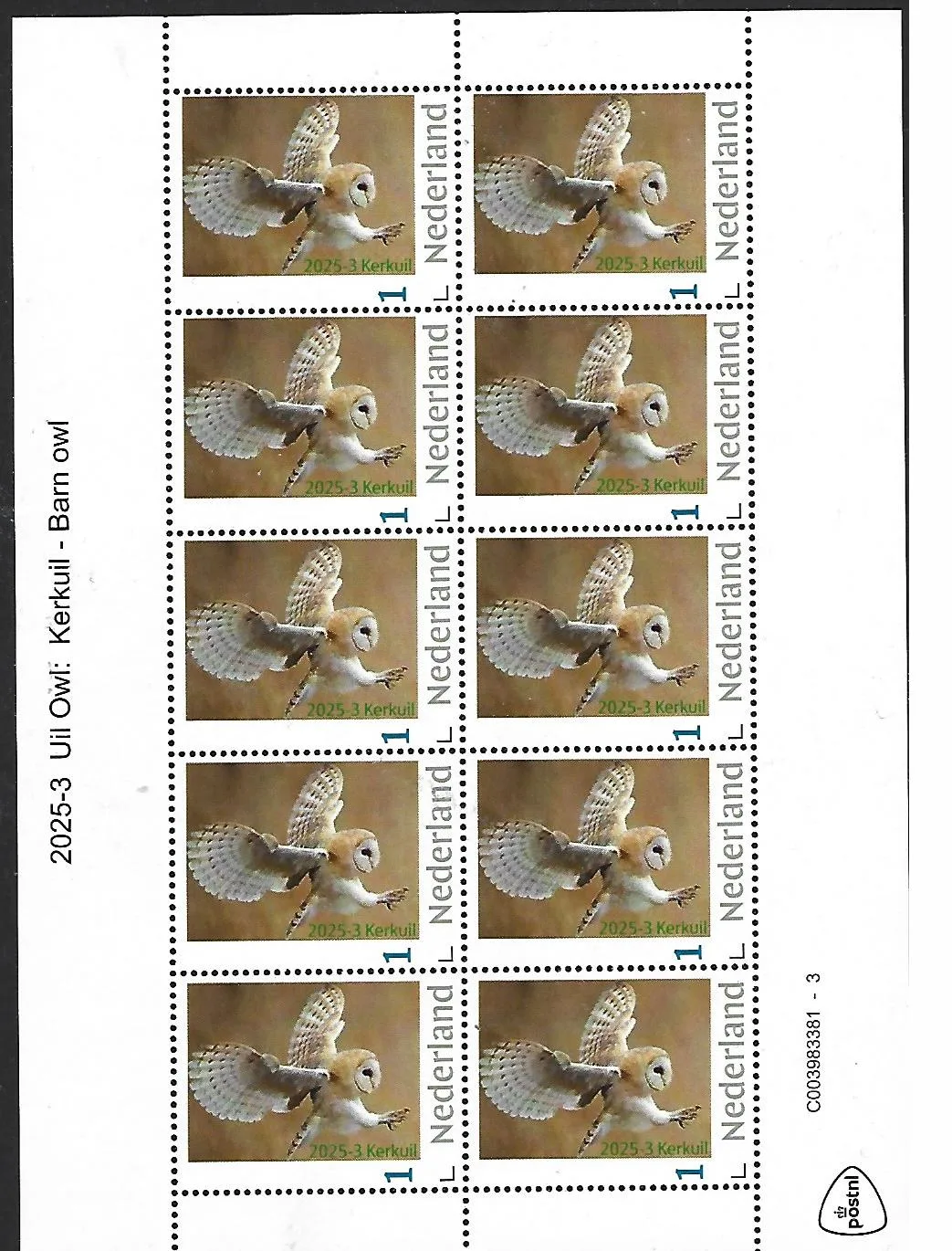 Netherlands 2025-3 Owl Barn Owl sheetlet MNH