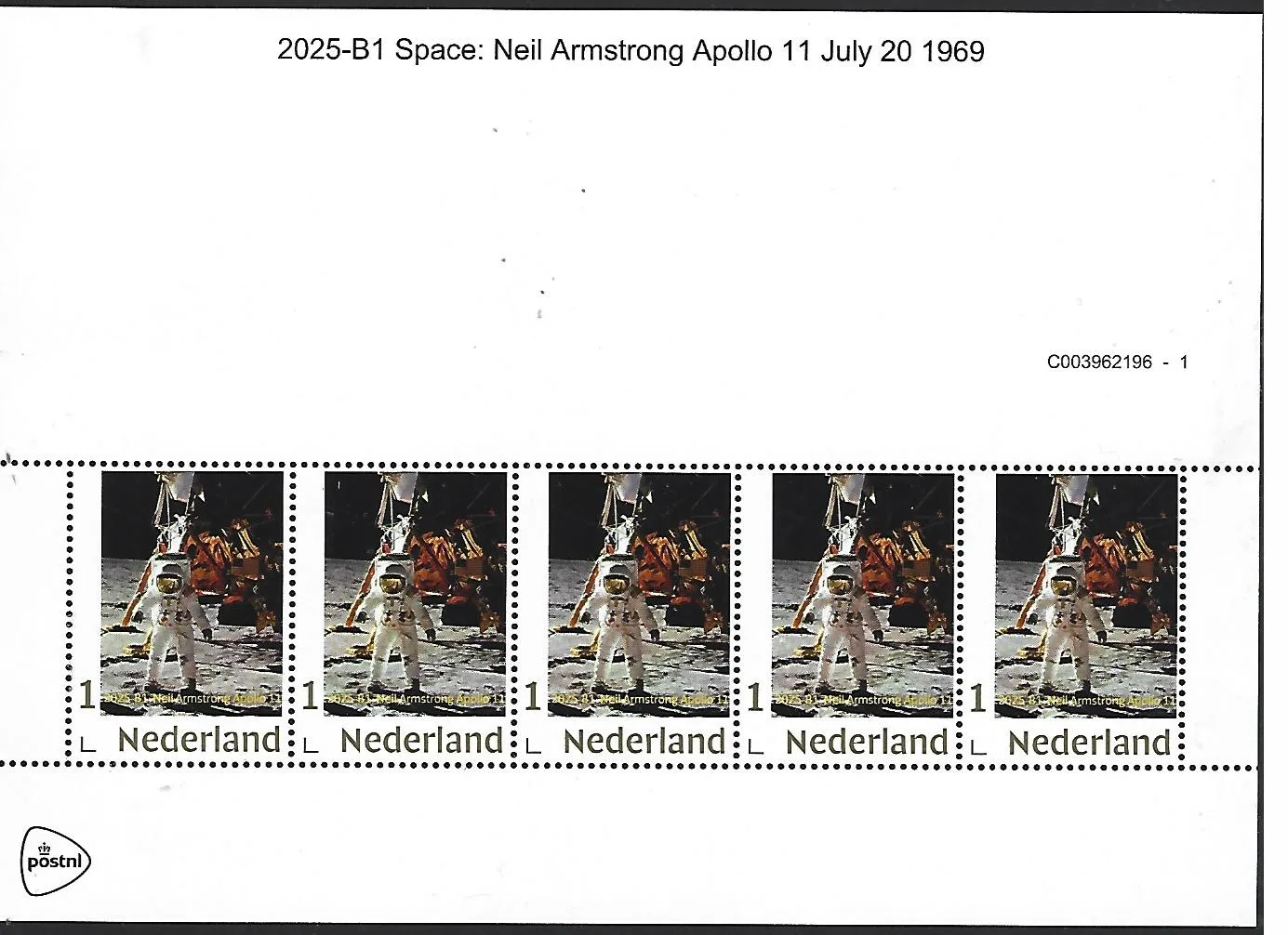 Nederland 2025-B1 Ruimtevaart Space: Neil Armstrong Apollo XI 1969 sheetlet postfris/mnh
