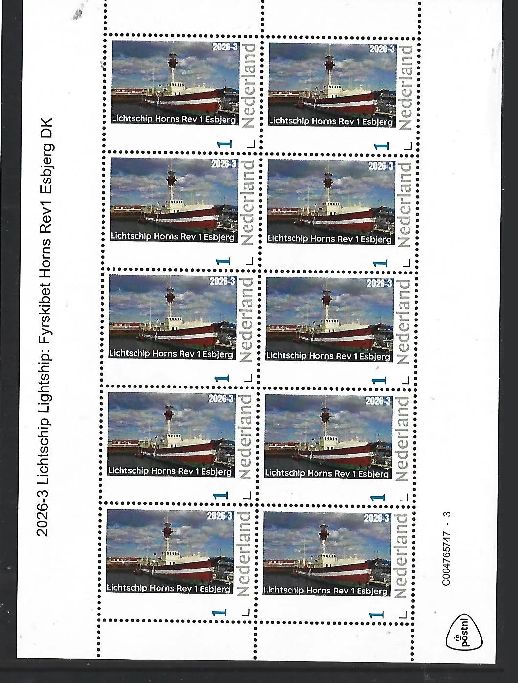 Nederland 2026-3 lichtschip lightship: Fyrskibet Horns Rev 1 Esbjerg DK sheet postfris/mnh