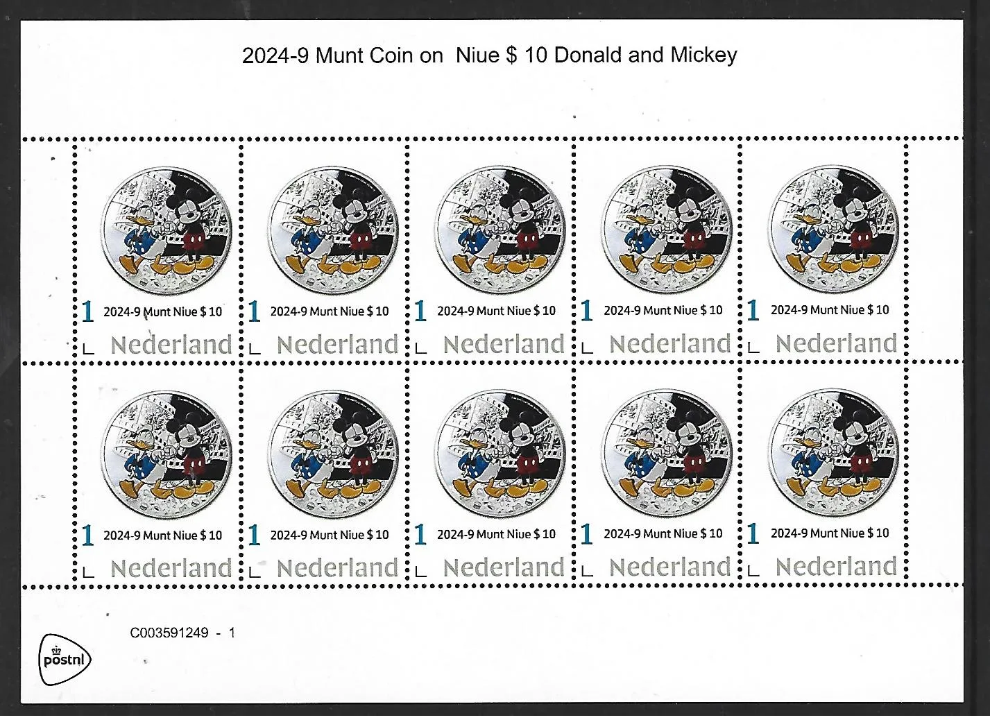 Netherlands 2024-9 Coin on stamp Disney Donald and Mickey sheetlet MNH