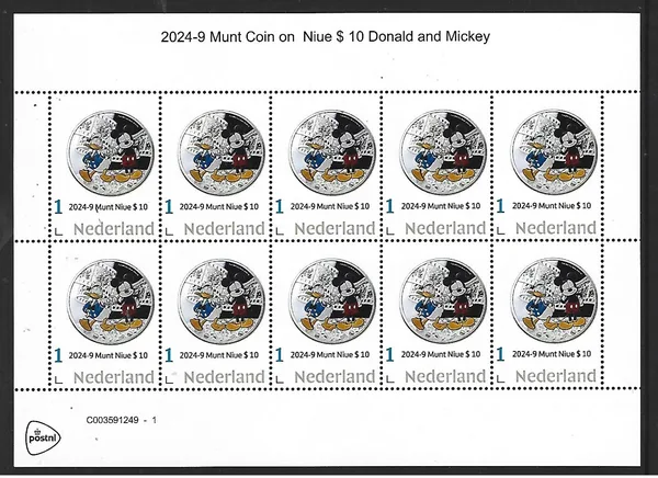 Netherlands 2024-9 Coin on stamp Disney Donald and Mickey sheetlet MNH