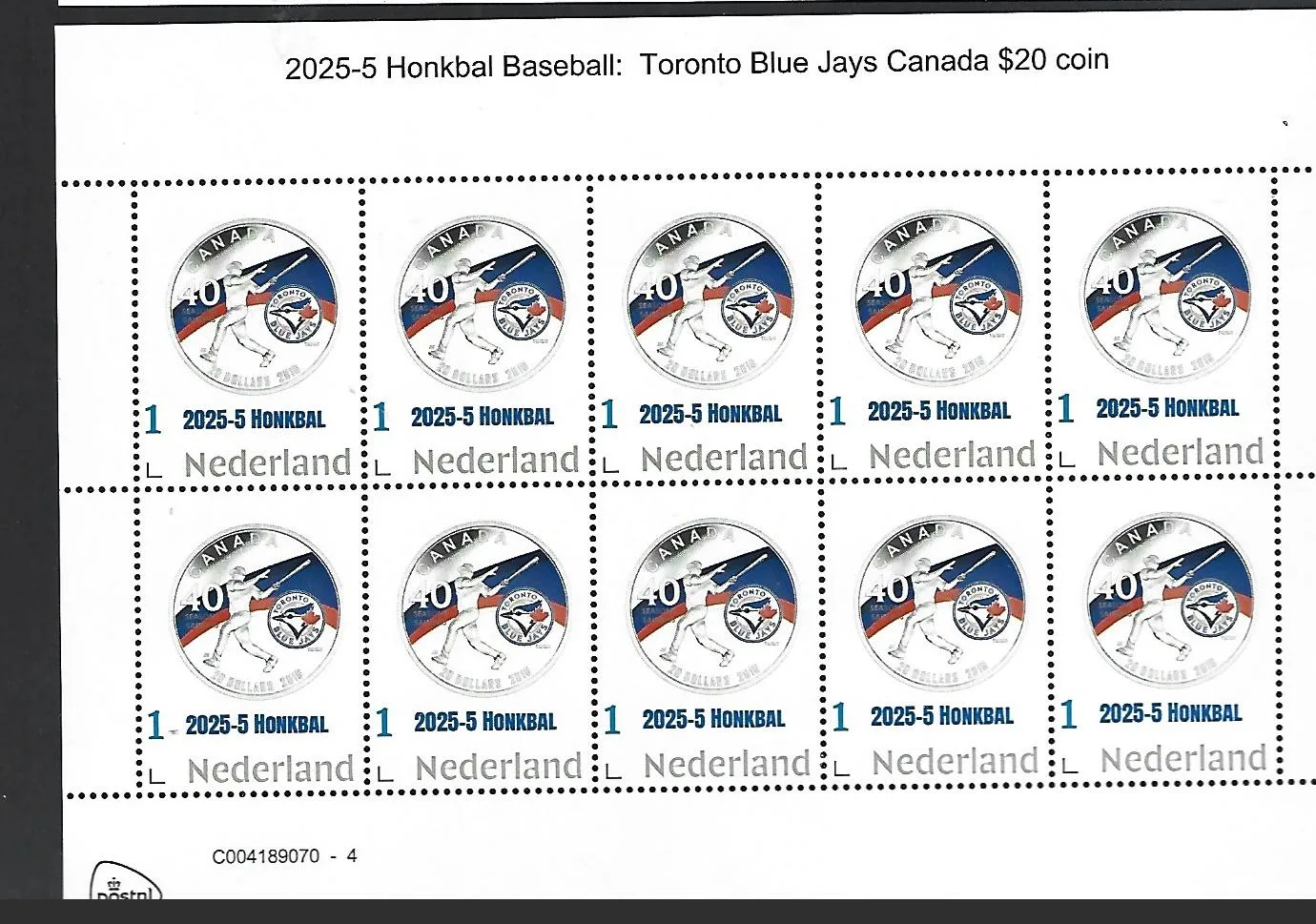 Nederland 2025-5 Honbkbal Baseball: Toronto Blue Jays $20 coin sheetlet postfris/mnh
