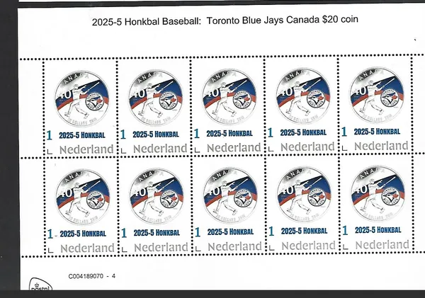 Netherlands 2025-5 Baseball: Toronto Blue Jays $20 coin sheetlet MNH