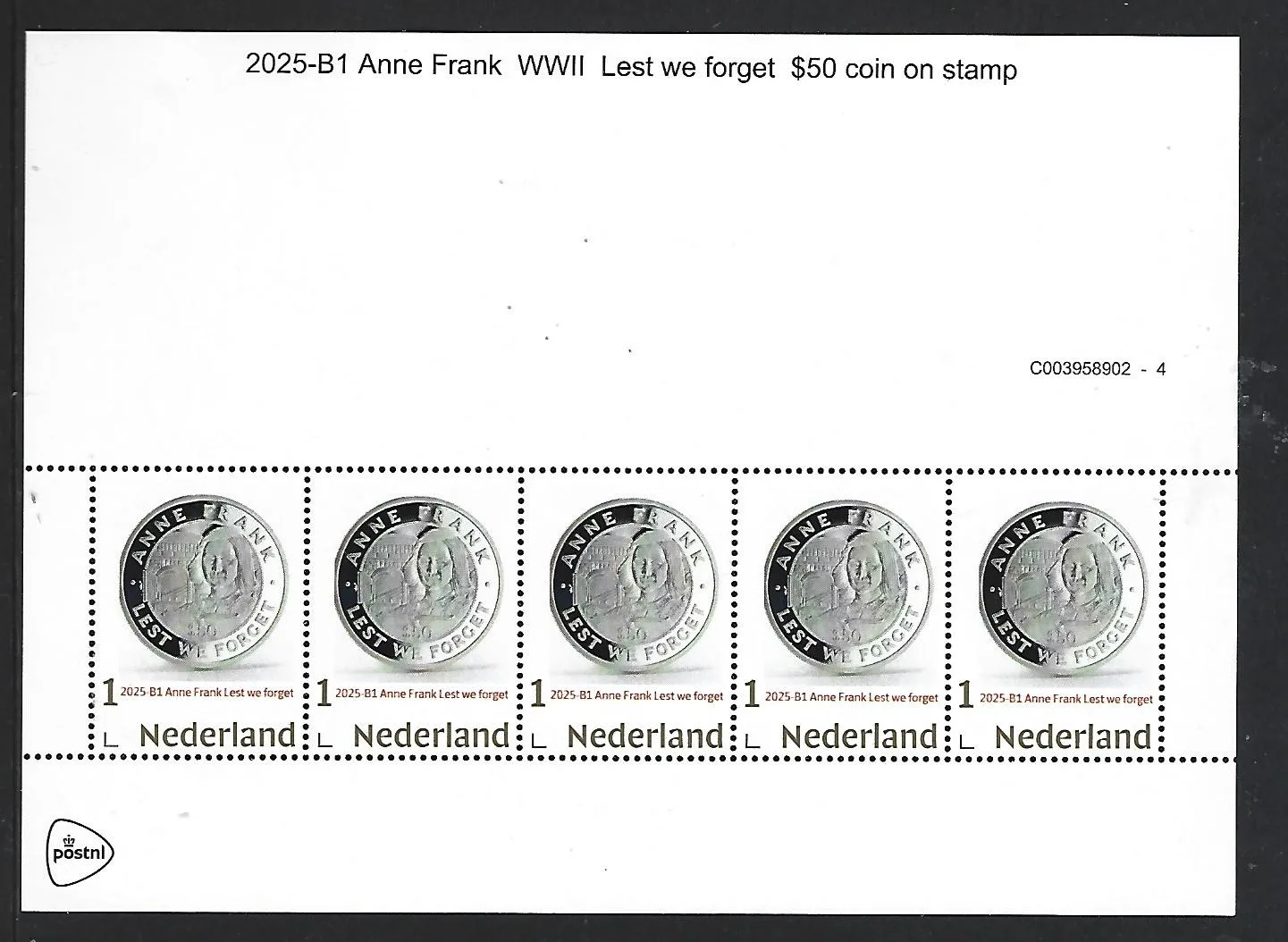 Netherlands 2025-B1 Anne Frank coin sheetlet MNH
