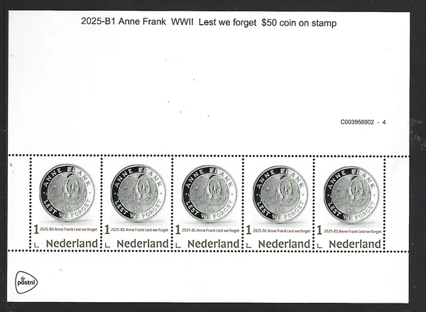 Nederland 2025-B1 Anne Frank coin sheetlet postfris/mnh