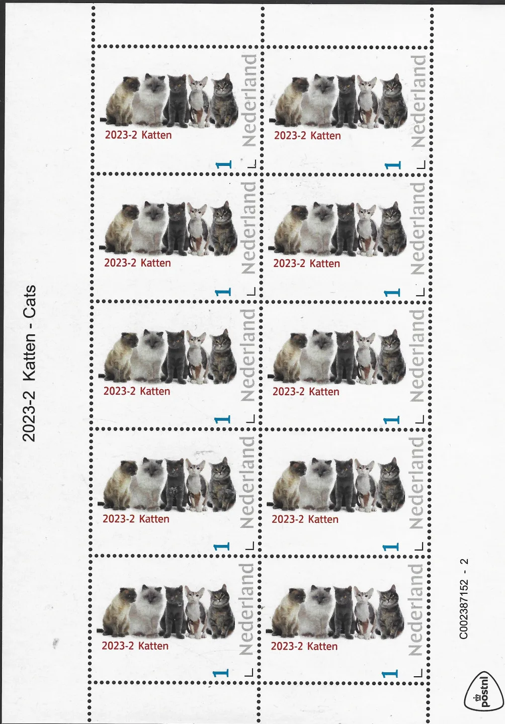 Pays-Bas 2023-2 chat - feuillet de 5 timbres neuf