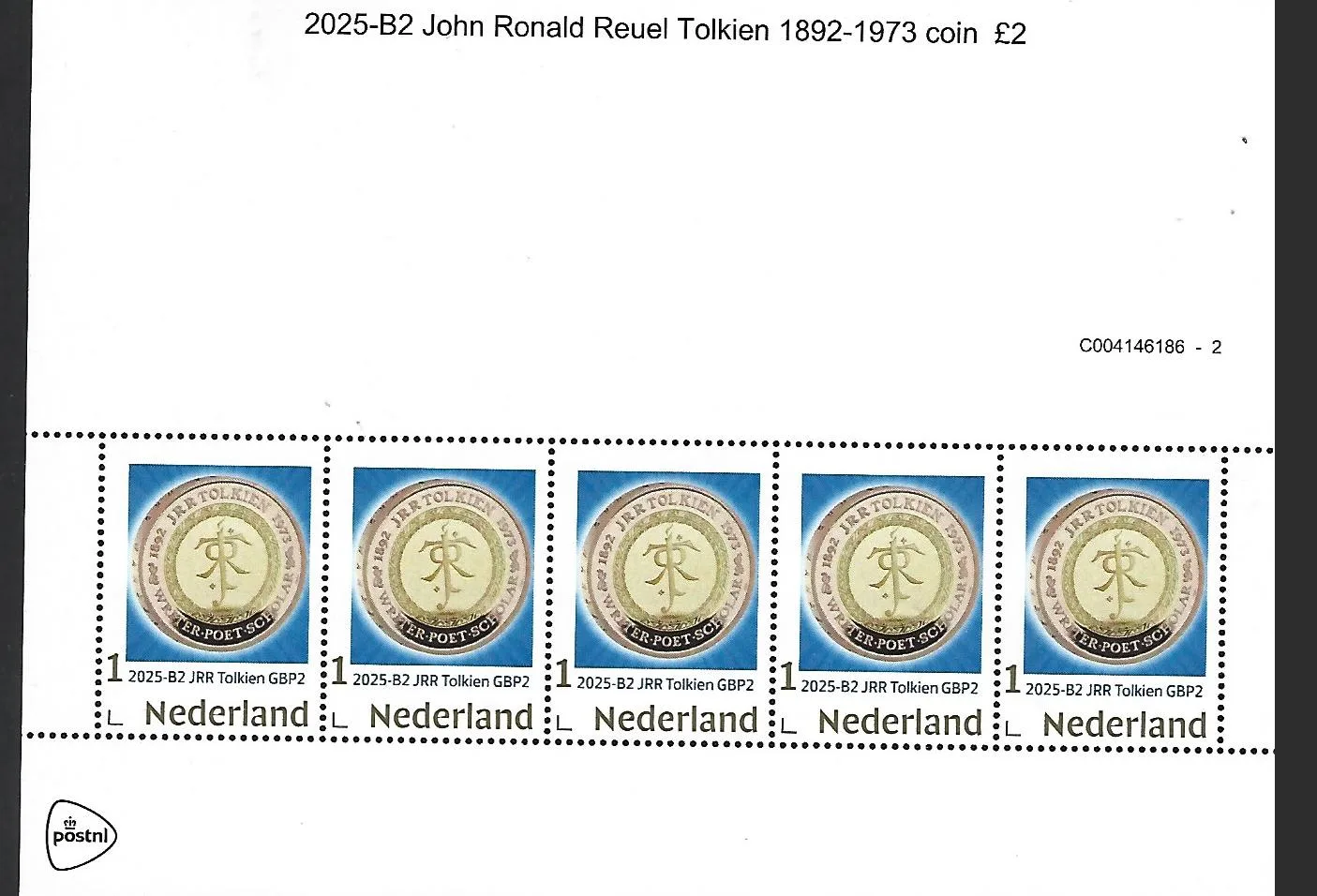 Netherlands 2025-B2 Tolkien: Coin on stamp gbp2 Gr. Britain sheet MNH