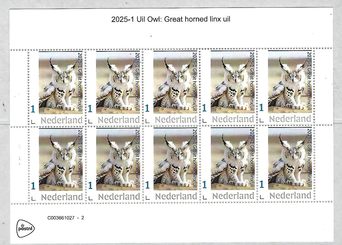 Netherlands 2025-1 owl Great horned lynx owl sheetlet MNH