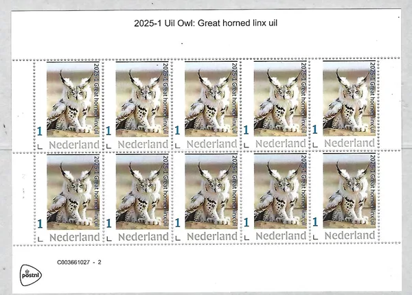 Netherlands 2025-1 owl Great horned lynx owl sheetlet MNH