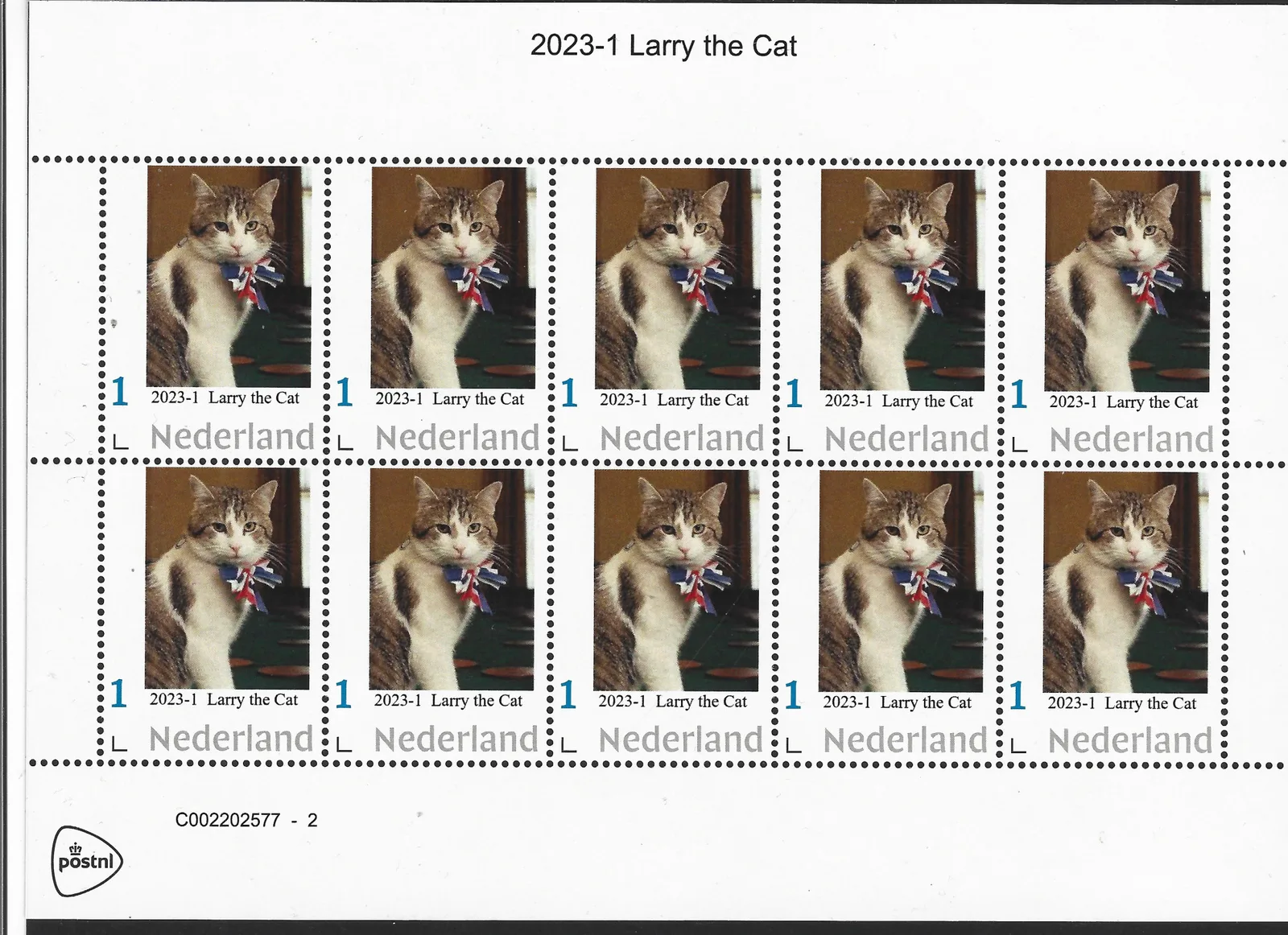 Pays-Bas 2023-1 Chats : Larry the Cat from nr 10 feuille-carnet neuf/mnh