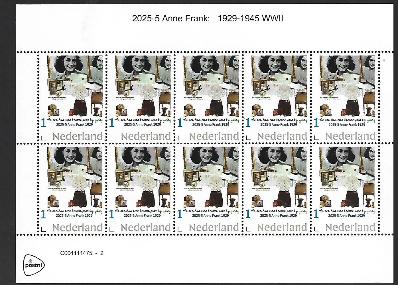 Nederland 2025-5 Anne Frank sheetlet postfris/mnh