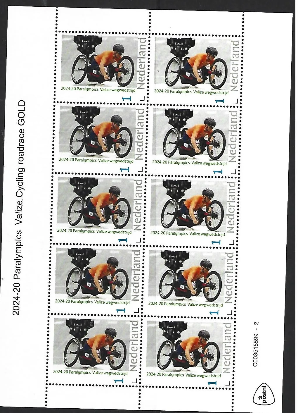 Pays-Bas 2024-20 Paralympics Mitch Valize cyclisme course sur route feuillet postfris/mnh