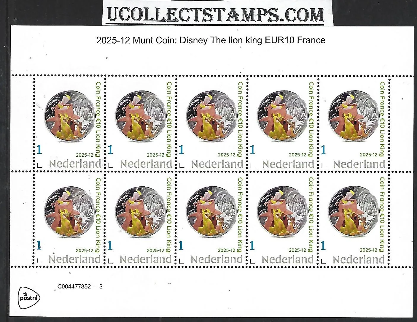 Nederland 2025-12 Coin France on stamp Disney: The Lion king sheet postfris/mnh