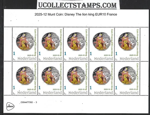 Nederland 2025-12 Coin France on stamp Disney: The Lion king sheet postfris/mnh