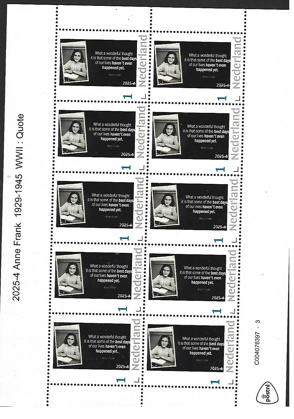 Nederland 2025-4 Anne Frank 1929-1945 Quote sheetlet postfris/mnh