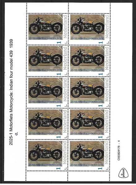 Nederland 2025-1 Motorfiets Motorcycle: Indian 4 model 439 1939 sheetlet postfris/mnh