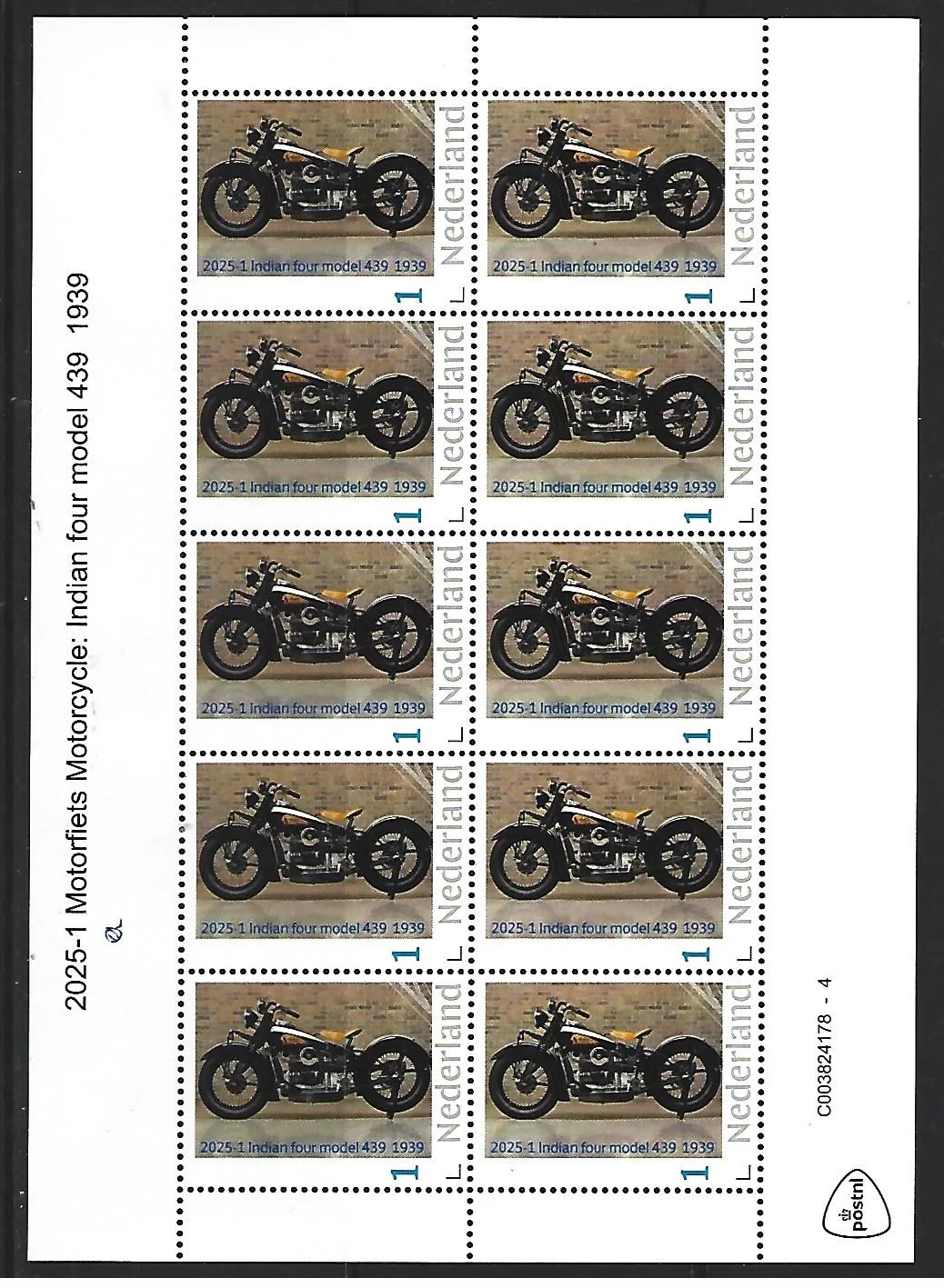 Netherlands 2025-1 Motorcycle: Indian 4 model 439 1939 sheetlet MNH