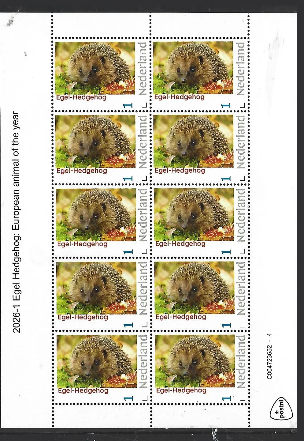 Netherlands 2026-1 Hedgehog: European animal of the year 2026 sheet MNH