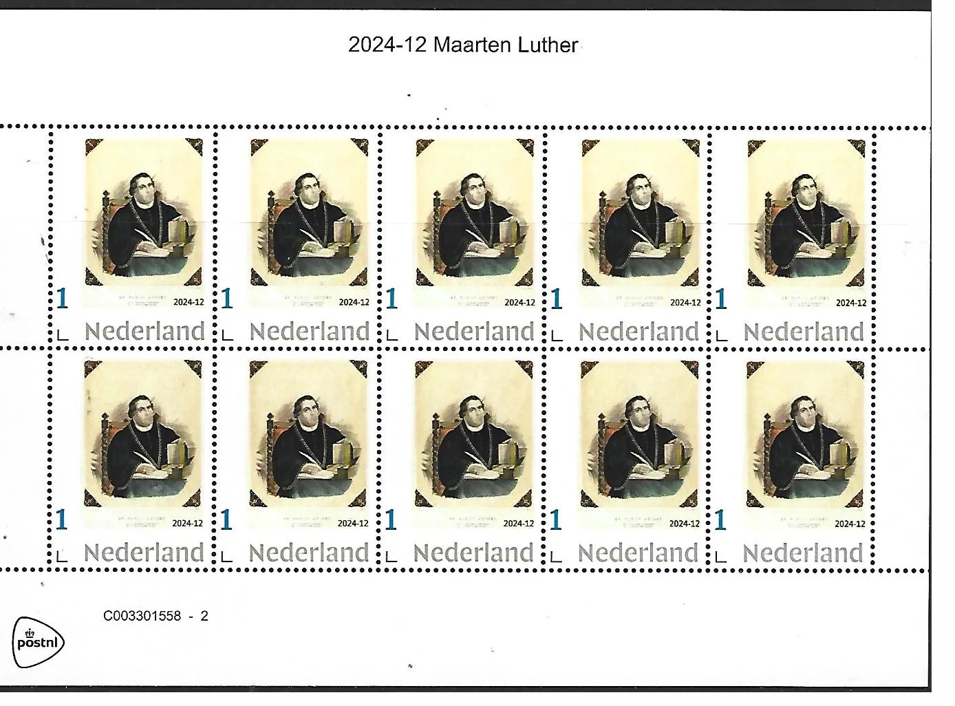 Pays-Bas 2024-12 Maarten Luther Réforme feuillet postfris/mnh