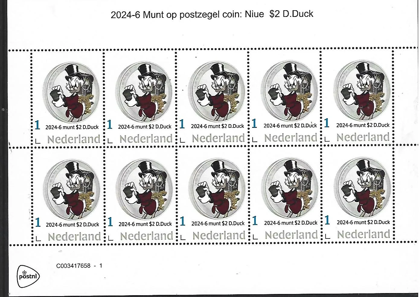 Pays-Bas 2024-6 Monnaie sur timbre Disney Oncle Picsou feuillet neuf/mnh