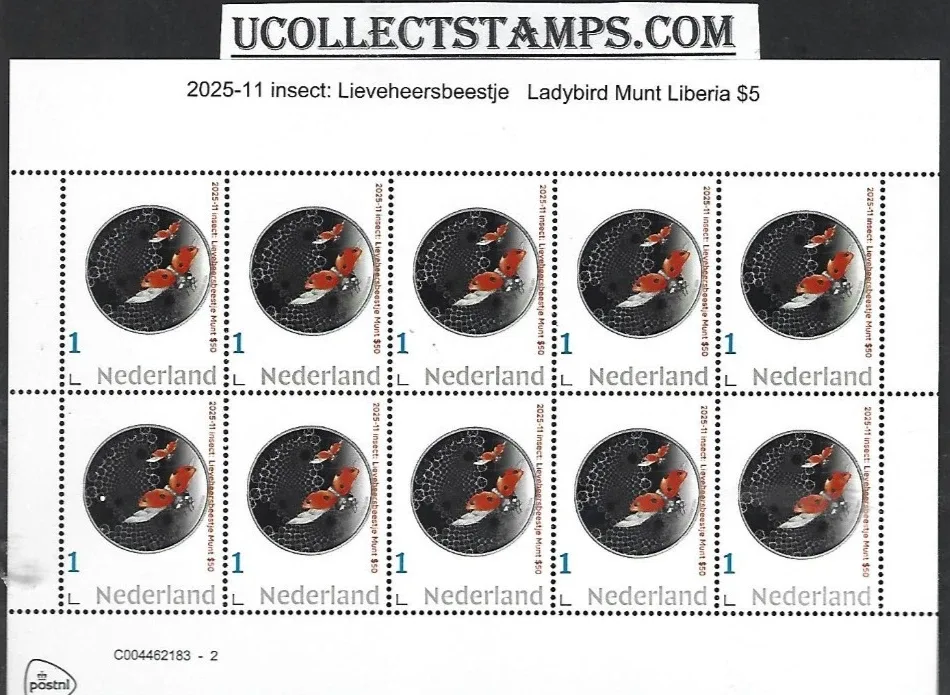 Nederland 2025-11 insect: Ladybird coin Coin Liberia $50 sheetlet postfris/mnh