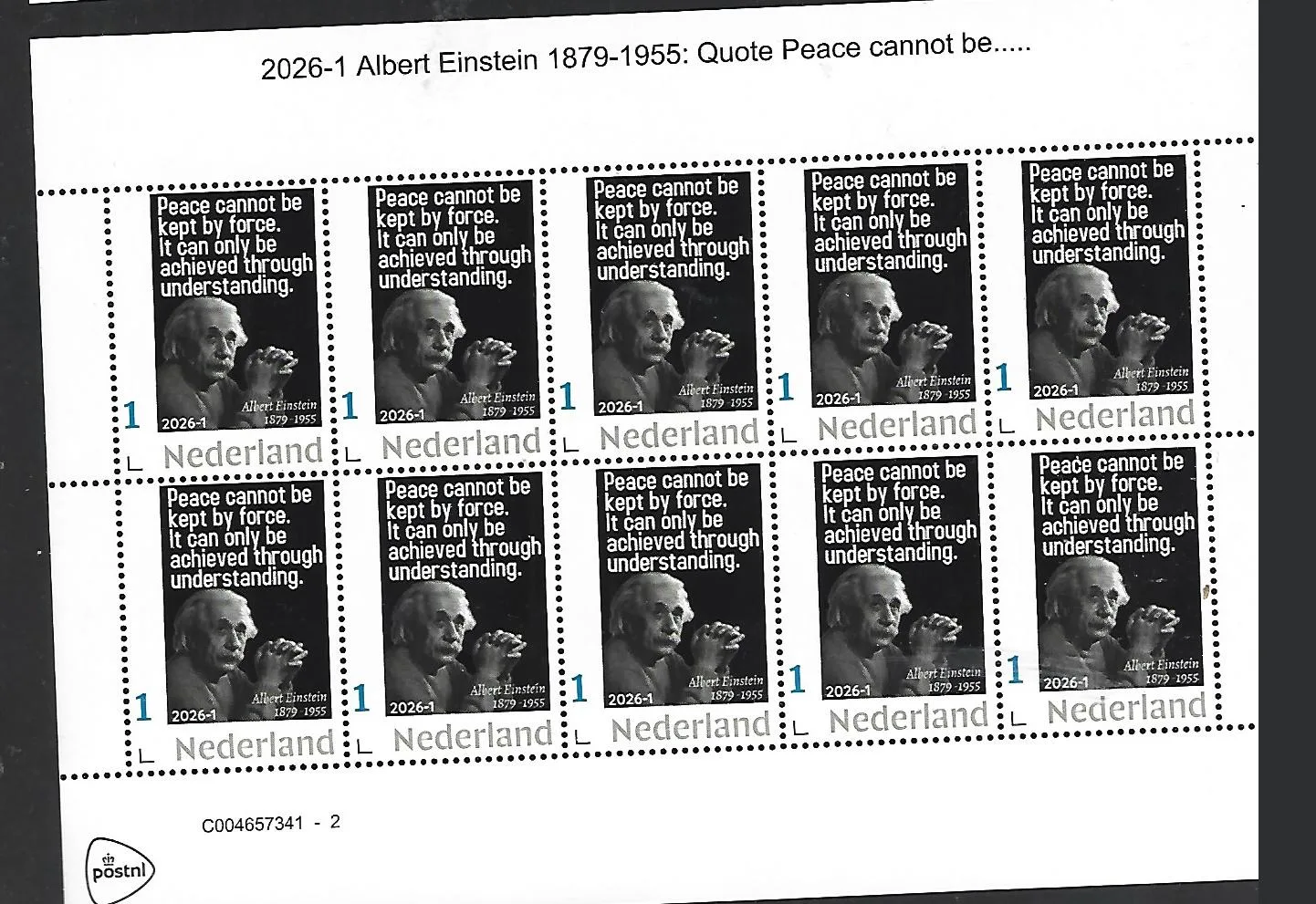 Nederland 2026-1 Albert Einstein: Quote Peace cannot be .... sheet postfris/mnh