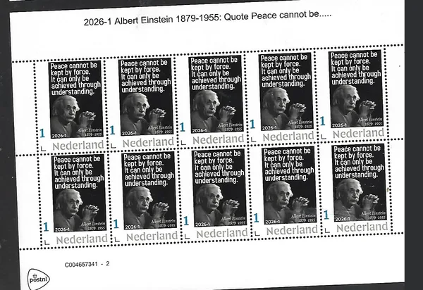 Netherlands 2026-1 Albert Einstein: Quote Peace cannot be .... sheet MNH