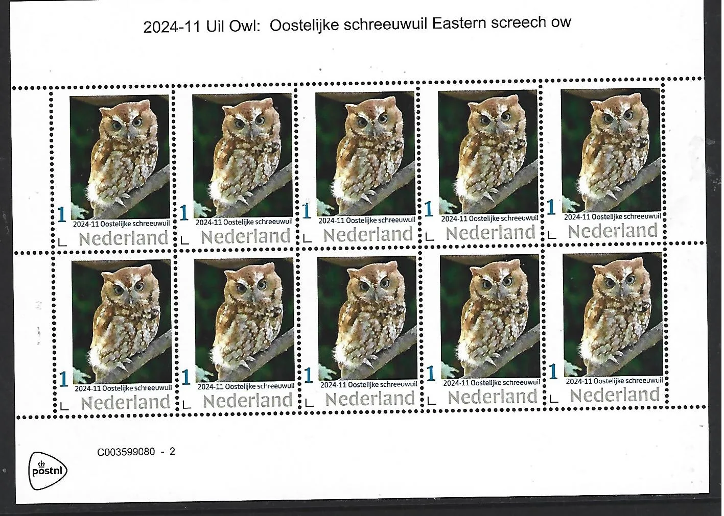 Pays-Bas 2024-11 Hiboux : feuille de timbres de la Chouette à braillements de l'Est neuve/nh