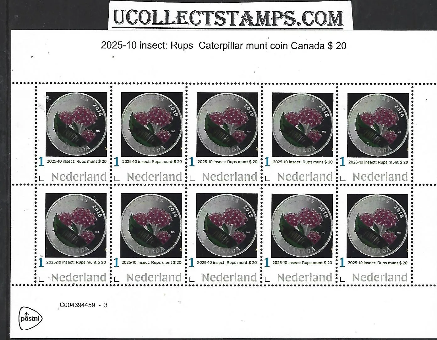 Netherlands 2025-10 Insect coin on stamp: Caterpillar sheet MNH