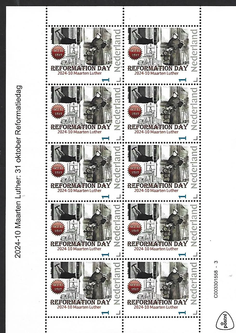 Pays-Bas 2024-10 Maarten Luther Jour de la Réforme bloc postfris/mnh