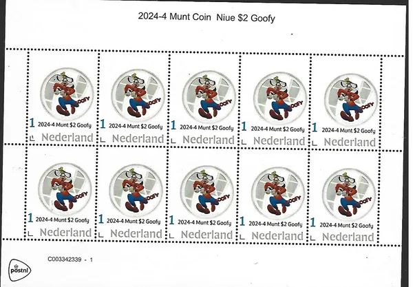 Netherlands 2024-4 Coin; Disney Niue $2 Goofy sheetlet MNH