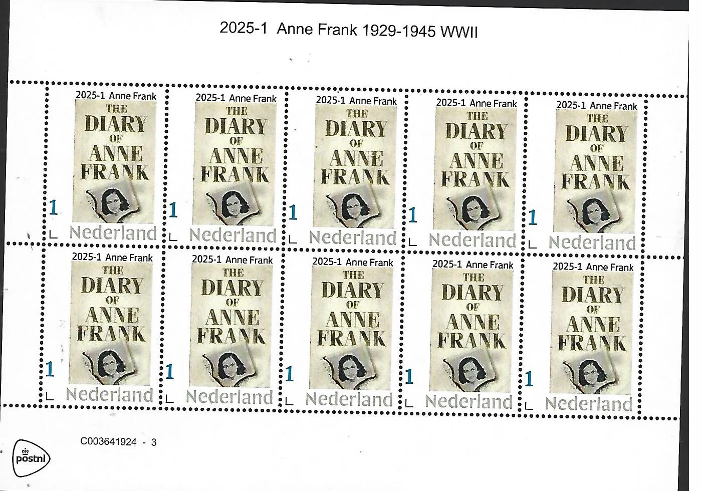 Netherlands 2025-1a Anne Frank: diary sheetlet MNH