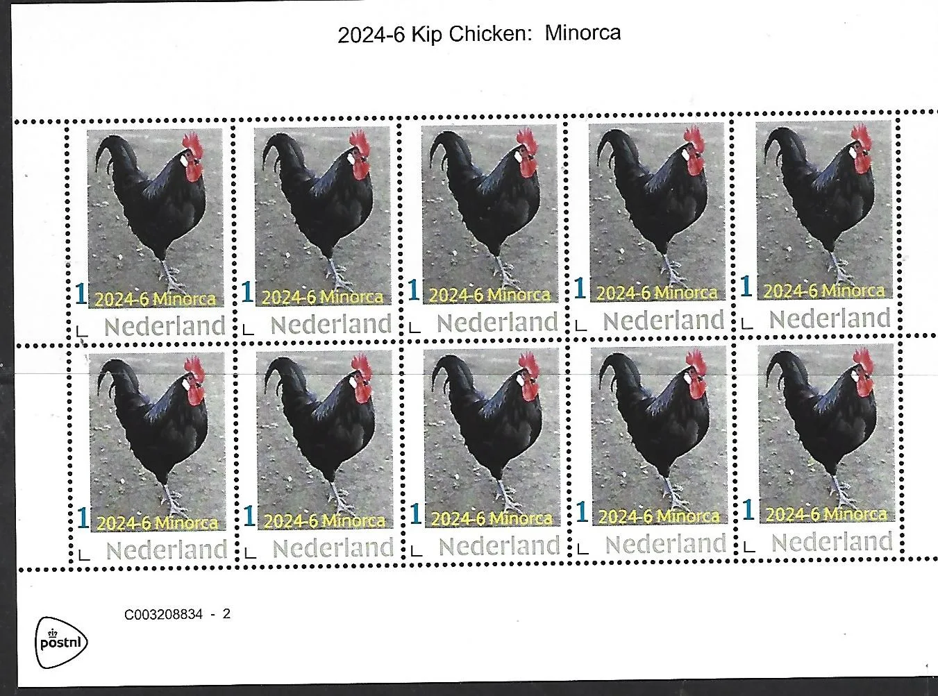 Pays-Bas 2024-7 Poule chicken : Coq Light-Sussex -feuillet neuf/mnh