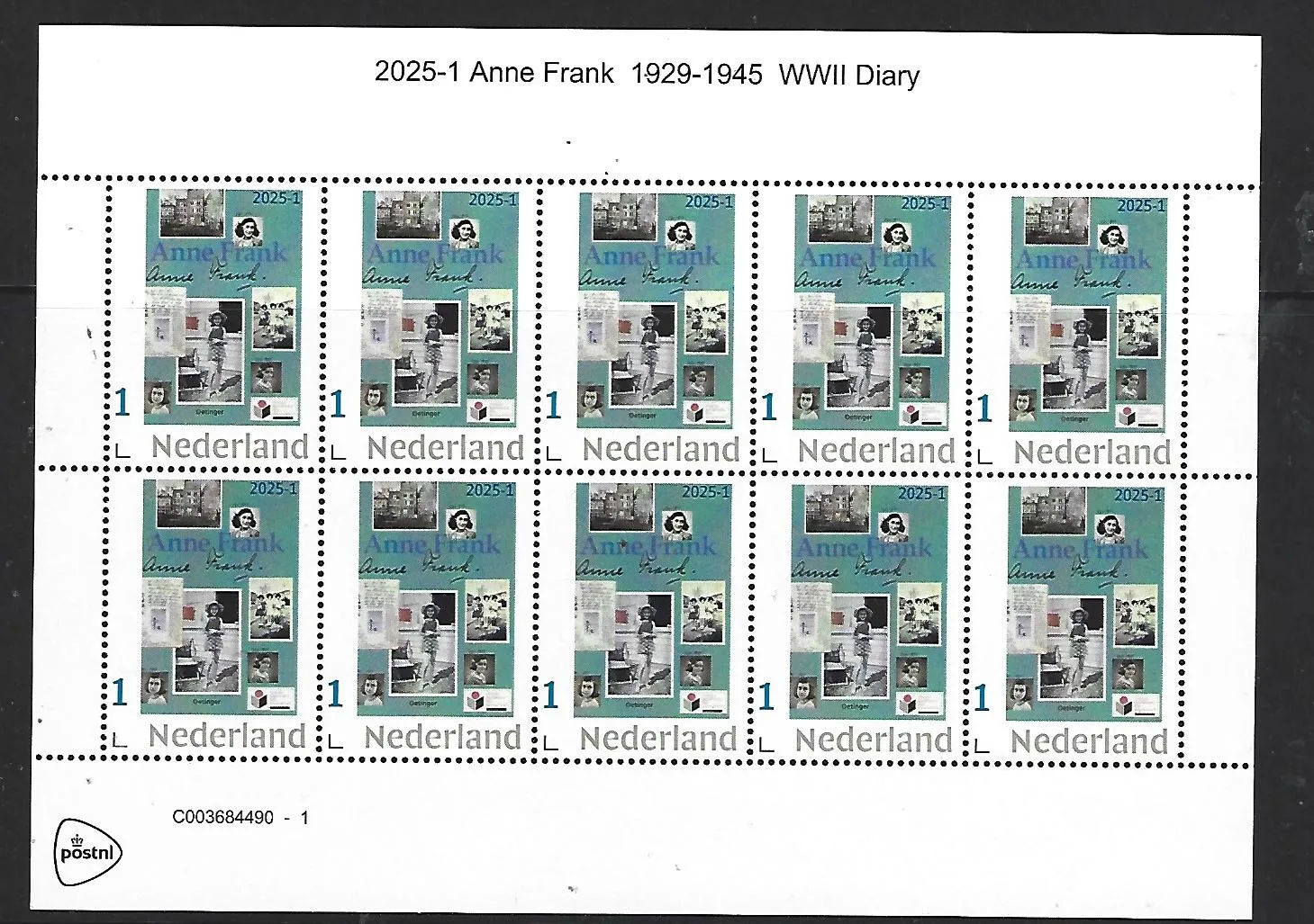 Netherlands 2025-1 Anne Frank 1929-1945 WWII Diary sheet MNH