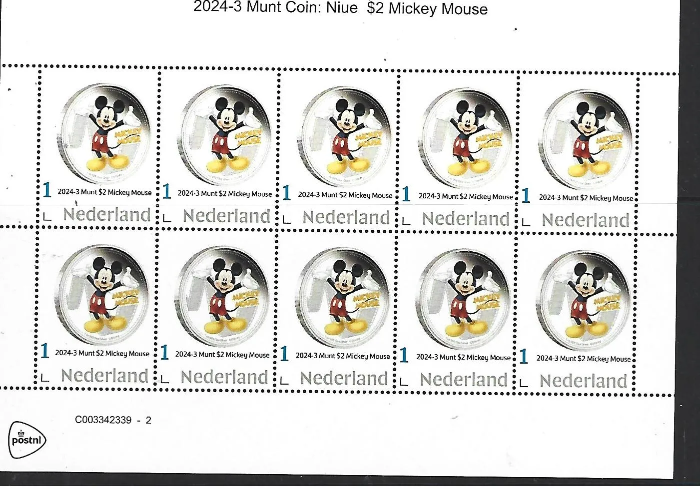 Niederlande 2024-3 Münze; Disney Niue $2 Mickey Mouse Markenblock postfrisch/mnh