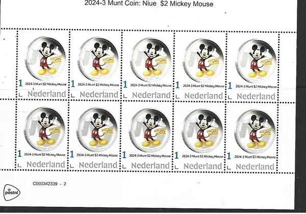 Netherlands 2024-3 Coin; Disney Niue $2 Mickey Mouse sheetlet MNH
