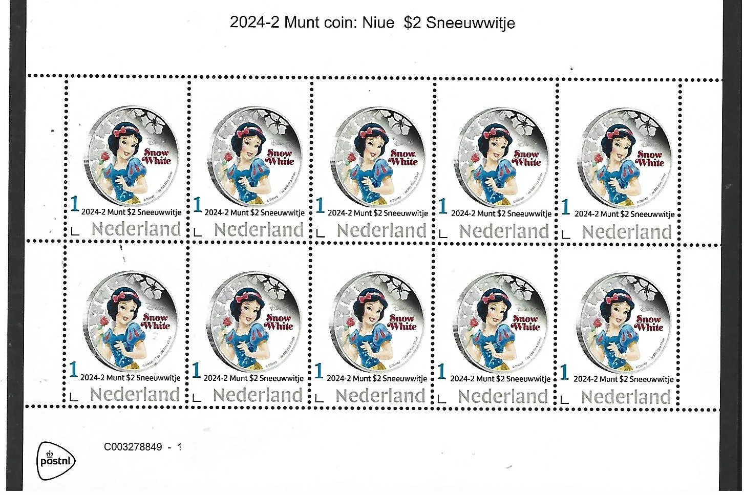 Niederlande 2024-2 Coin on stamp Niue $2 Disney Schneewittchen Kleinbogen postfrisch/mnh