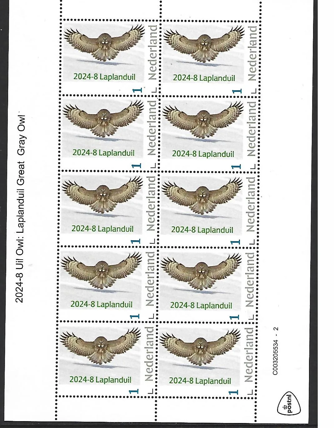 Nederland 2024-8 Uil Owl: Laplanduil Great Gray OWL sheetlet postfris/mnh