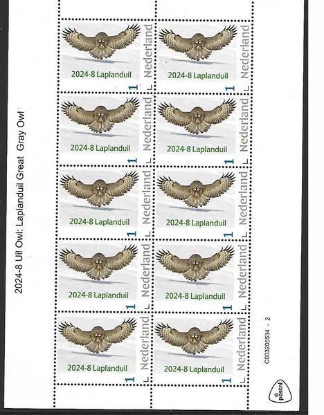 Nederland 2024-8 Uil Owl: Laplanduil Great Gray OWL sheetlet postfris/mnh