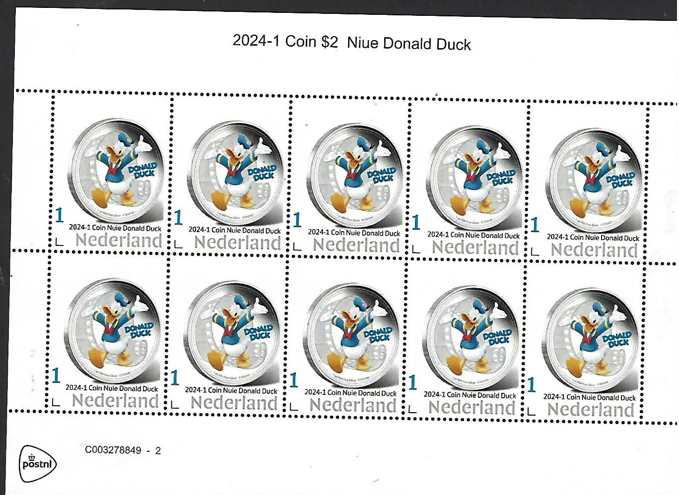 Niederlande 2024-1 Coin on stamp Niue $2 Disney Donald Duck sheetlet postfrisch/mnh24