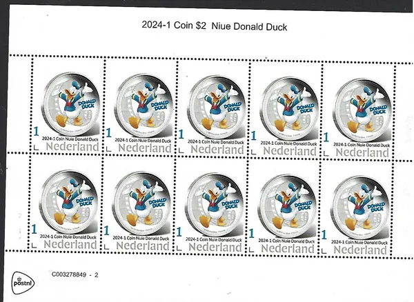 Netherlands 2024-1 Coin on stamp Niue $2 Disney Donald Duck sheetlet MNH